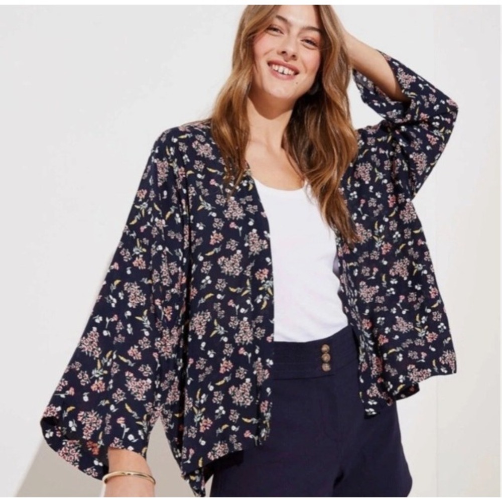 LOFT Floral Kimono Wrap M/L Navy Blue Modal Open Front Cardigan Boho Vacation
